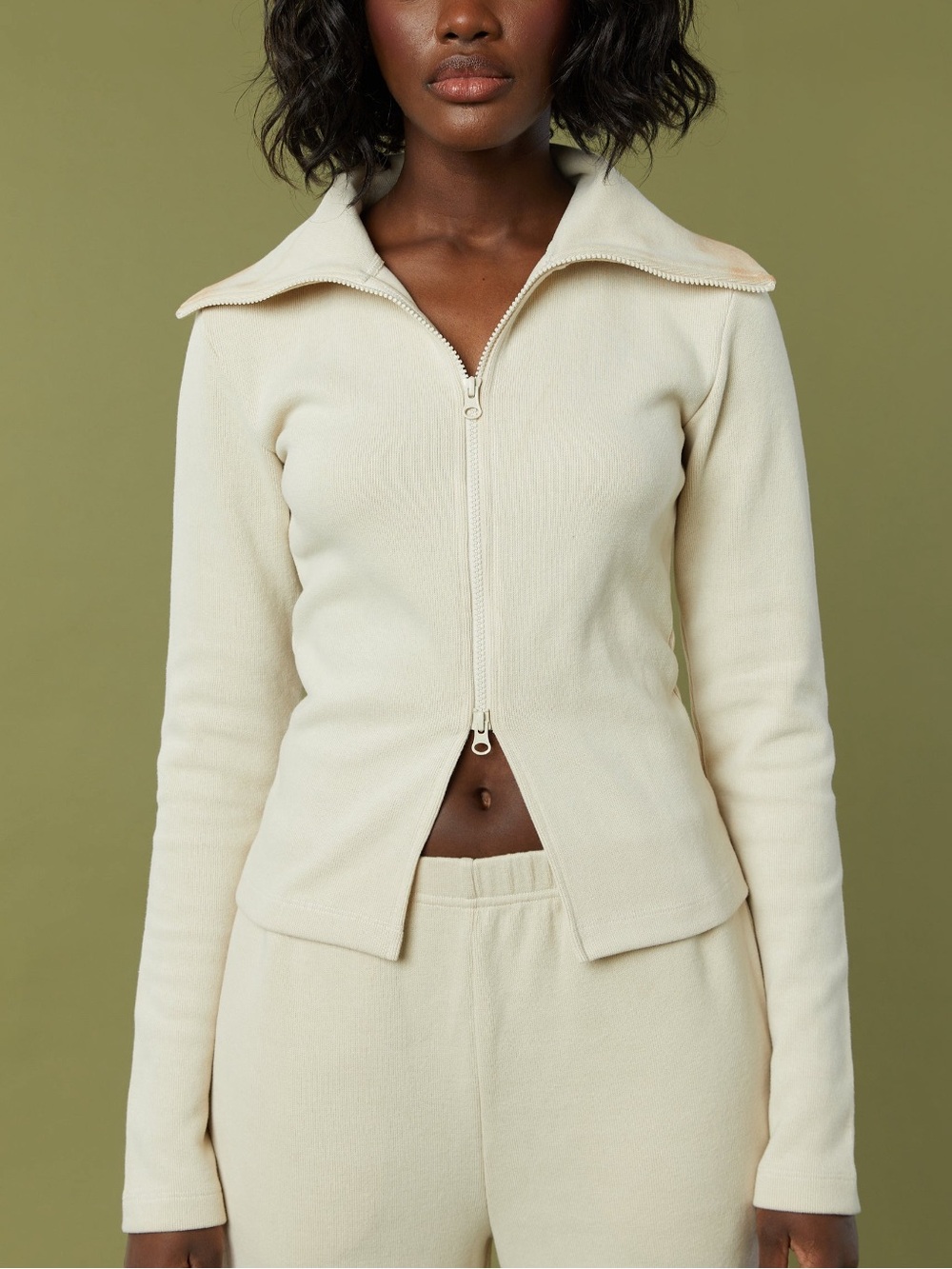 OAK + FORT Cream Ribbed Zip Top